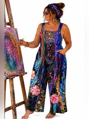 Womens Overalls Summer Burningman Bright Abstract Oversized / Pockets Boho Artsy